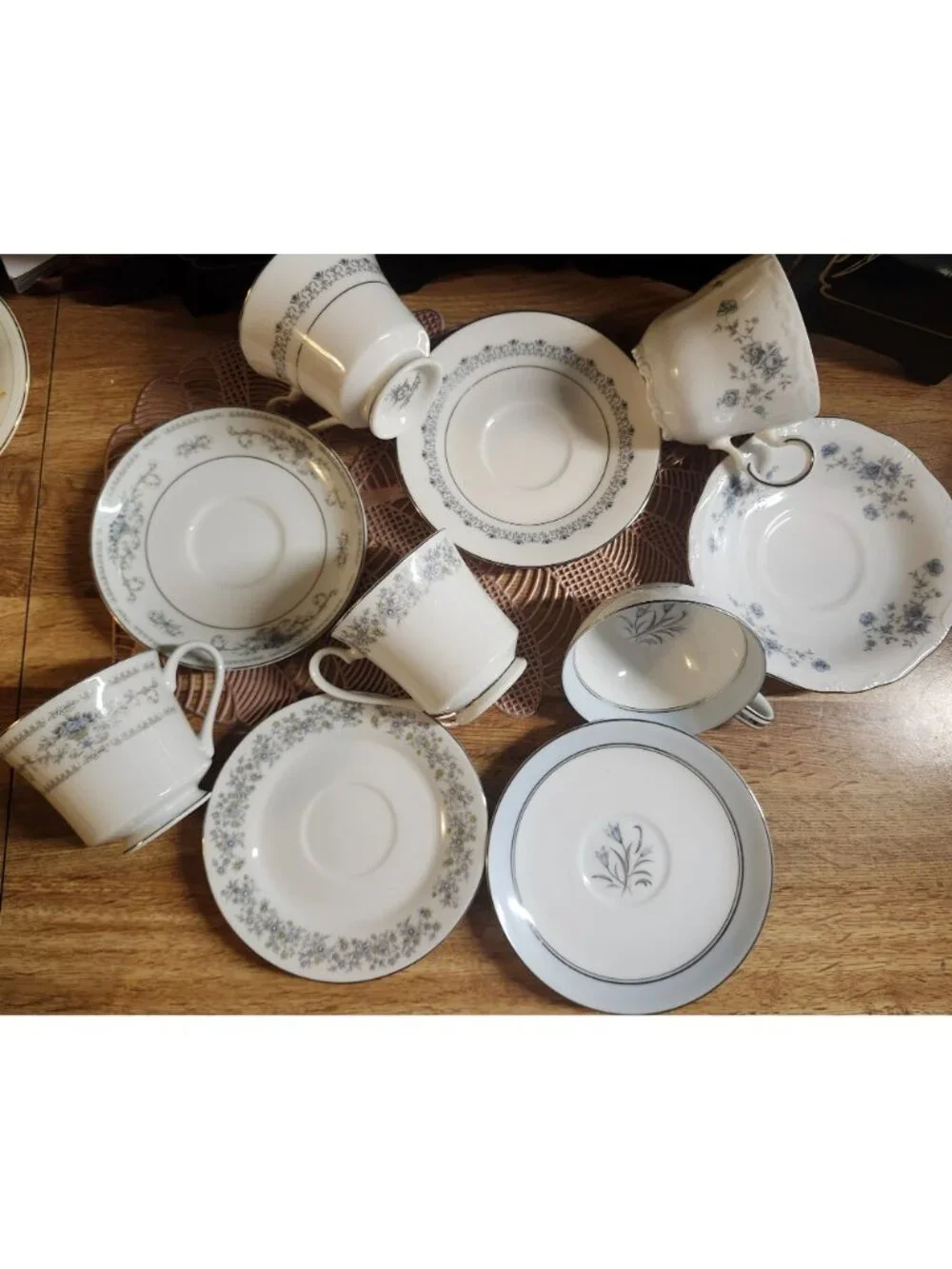 Mismatched China Tea Cups & Saucers Blue Theme Porcelain Floral